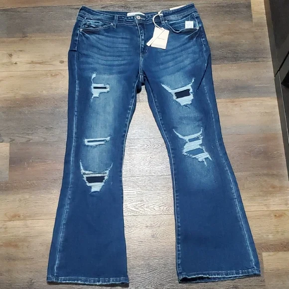 KanCan Blue Midrise Flare Wide Leg Jeans with Distressed Details - Picture 1 of 12